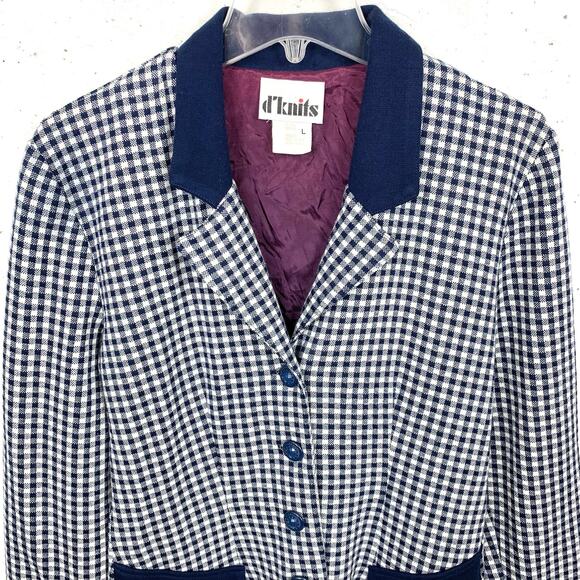 Vintage d'knits Womens Gingham Blazer 3 Button Navy White Notch Collar Medium - Picture 7 of 12